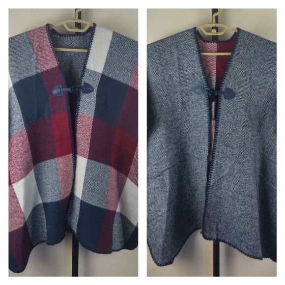 Reversible Blanket Poncho Toggle Closure burgundy blue plaid herringbone - Picture 1 of 8